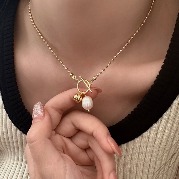 3/$35 18K Gold Plated Ball Pearl Toggle Pendant Necklace Stainless Steel - Picture 1 of 8